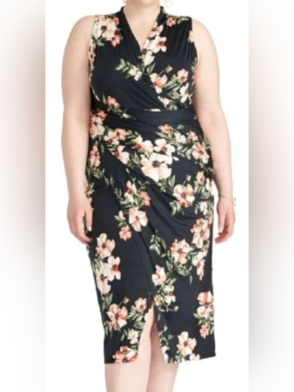 RACHEL Rachel Roy Black Floral Dress with Peach &Green Accents wrap front& skirt